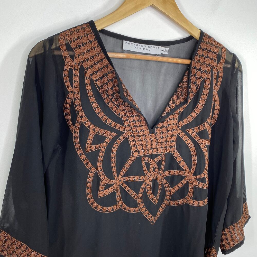 Gretchen Scott Designs Black Brown Embroidered Sheer Blouse Women's Size Small S - Picture 4 of 6